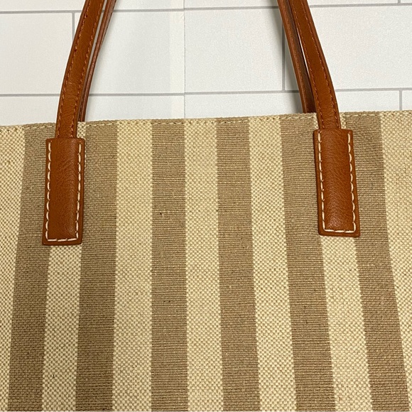 EUC Burlap Jute Natural Tote Shoulder Bag Tan Striped Leather Straps - Picture 9 of 15